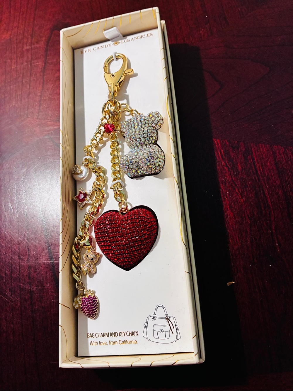 Eye Candy Gold Chain Key Charm with Red Heart & Crystal Bear